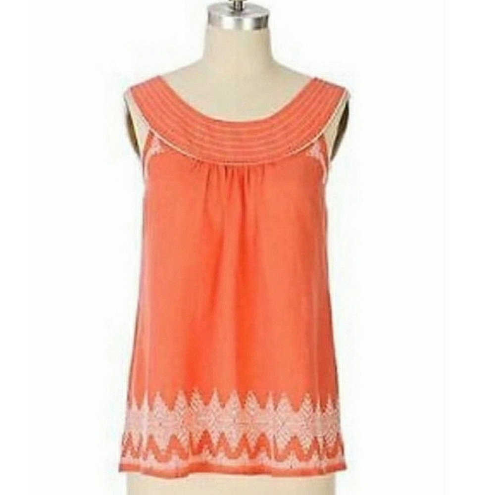 Anthropologie Floreat Embroidered Linen Blend Tank Top Coral Orange Scoop Neck S - Picture 3 of 16
